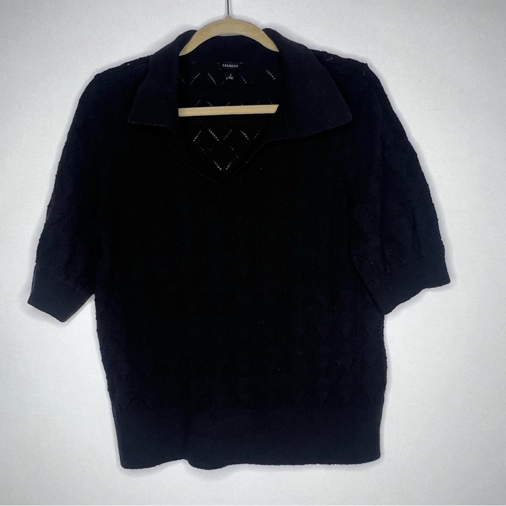 Talbots Womens Large Black Cotton‎ Short Sleeve Collared Pullover Sweater Size L